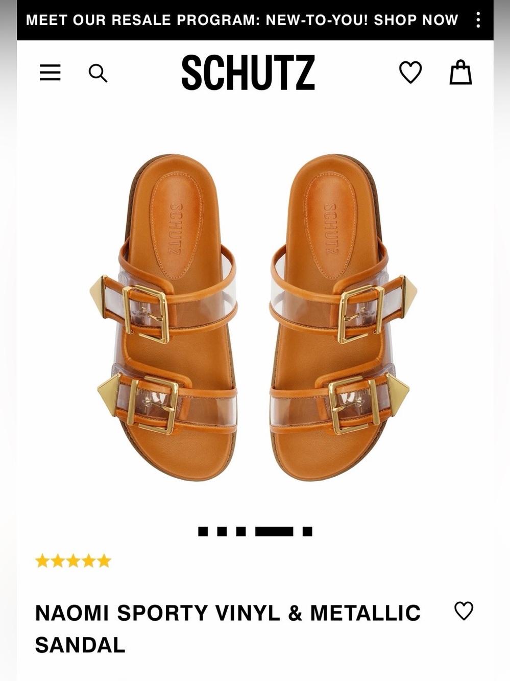 SCHUTZ Tan Vinyl Slide Sandal with Gold Buckles